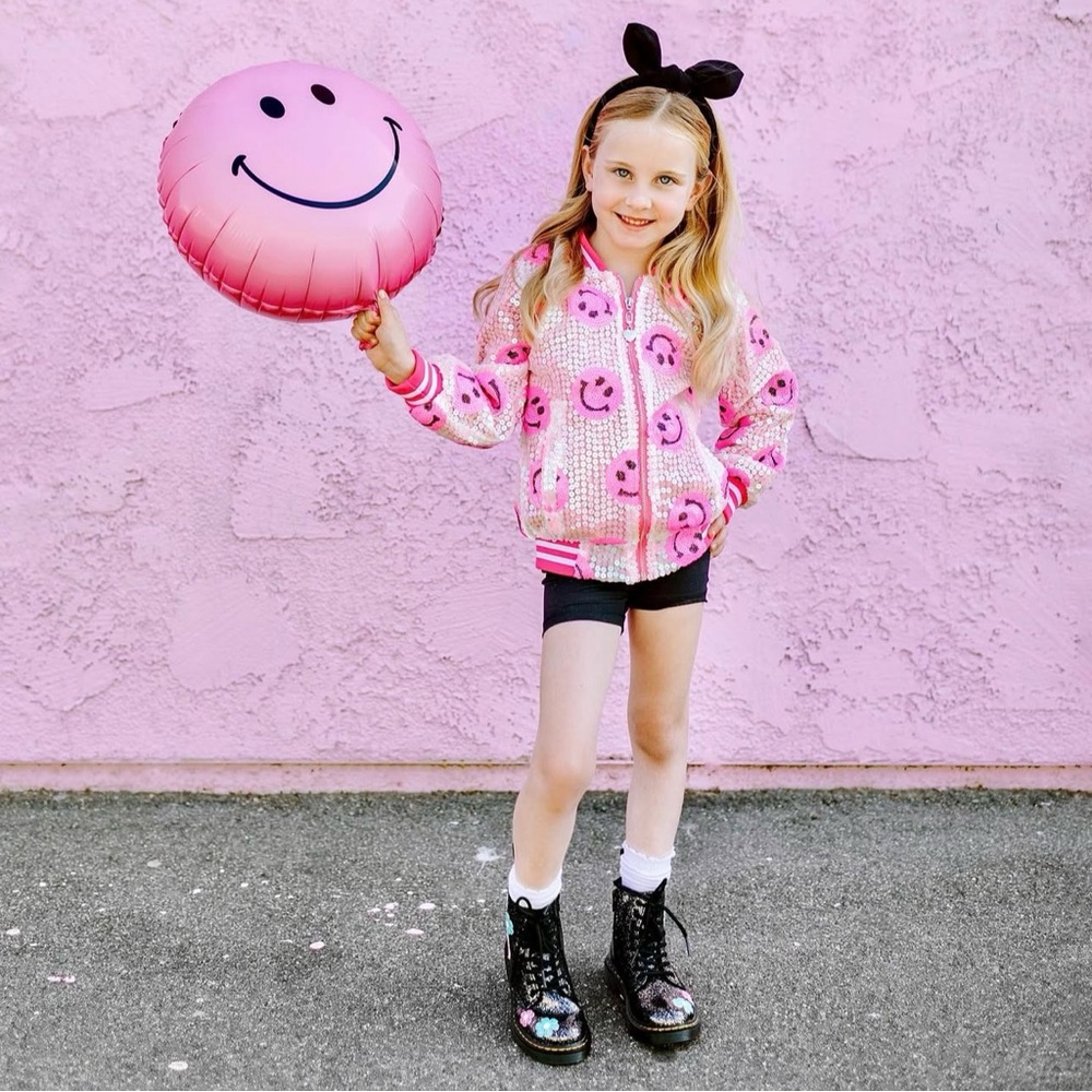 Pink Smiley Face Sequence Bomber